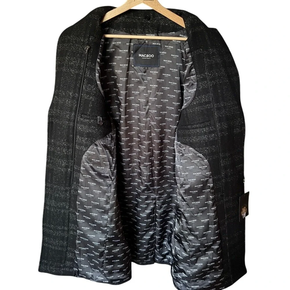 $798 MACEOO Men's Gray Plaid‎ Wool Warm Peacoat Size Small